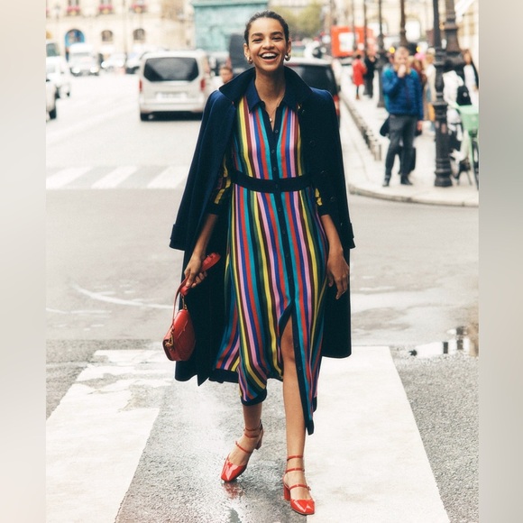 Boden Multicolor Rainbow Striped Midi/Maxi Shirt Dress 12 Petite Elegant Office - Picture 2 of 7